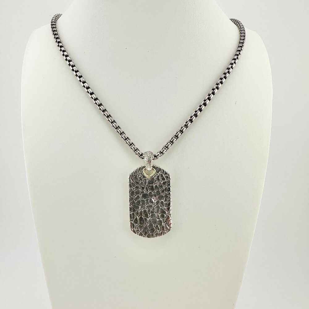 David Yurman Rhino Dog Tag w/ 18K Yellow Gold & DY Medium Box Chain Necklace 24"